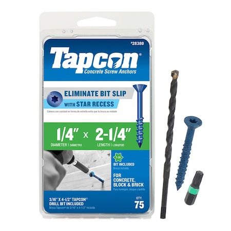 Tapcon Concrete Screw, 1/4" Dia., Climaseal Coated, Flat Head 75 PK 28380